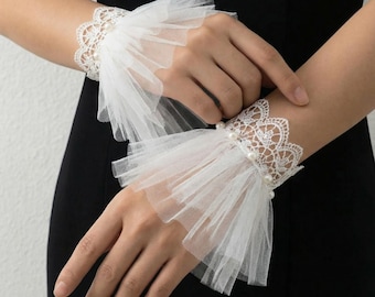 Lace Bridal Cuffs, Wedding Wrist Cuffs, Tulle Wrist Ruffles, Bridal Wrist Accessories, Lace Ruffle Cuffs, Lace Wrist Ruffles, Sheer Cuffs