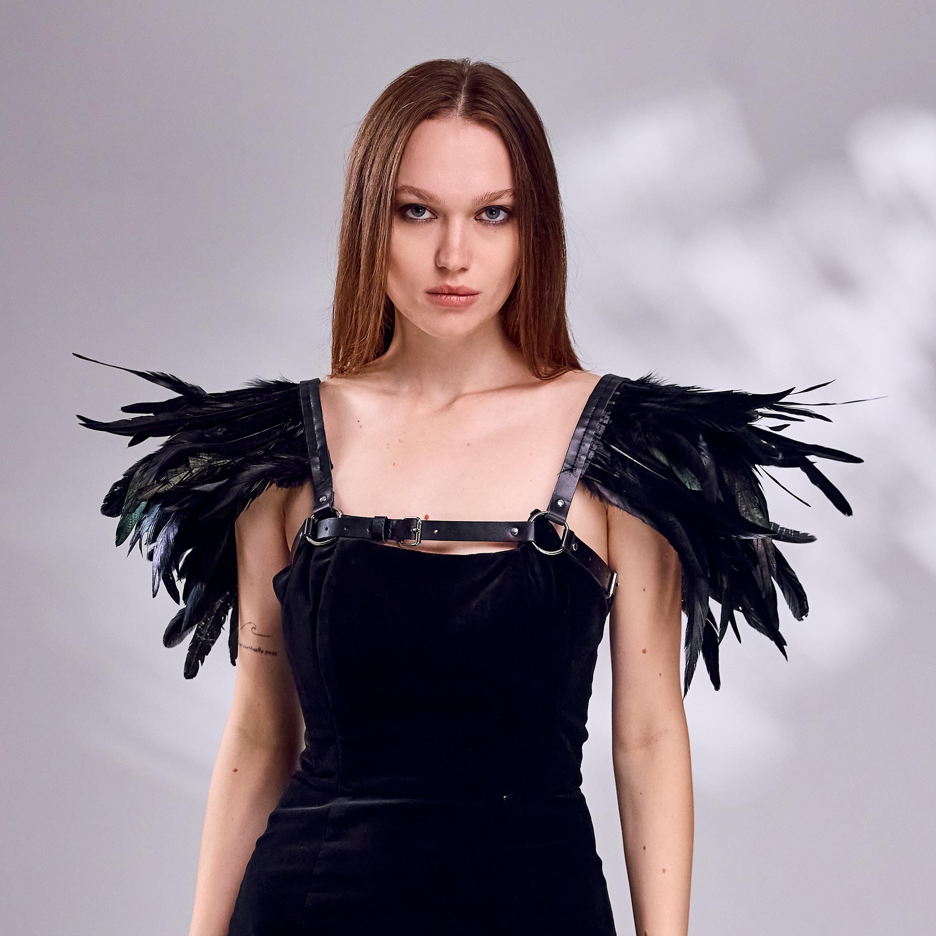 Black feather harness top unisex rave festival caged straps lace cape gothic Gothic Rave Outfit Feather Shawl Shoulder Armor Cape  main image 4