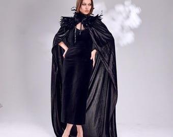 Capa Gótica Con Capucha De Plumas Negras – Chal De Hombros Para Disfraces De Halloween, Vampira O Bruja, Unisex