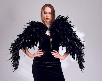 Black Feather Wings,Feather Shoulder Cape,Black Feather Cape,Gothic Feather Cape,Feather Costume Cape,Raven Feather Cape,Witch Feather Cloak