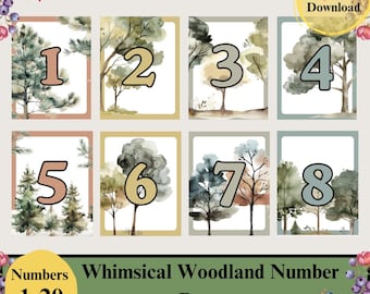 Whimsical Woodland Numbers 1-20 Posters, Botanical Classroom Decor, Vintage Kids Art, Printable Playroom Art