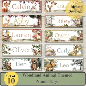 May include: Set of 10 woodland animal-themed name tags. Each tag features a different name, such as Calvin, Abby, and Lauren, with corresponding watercolor illustrations of woodland creatures like foxes, deer, and owls. The tags have a digital download option.