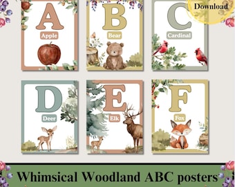 Whimsical Alphabet Wall Art, Woodland Nursey Wall Decor, Educational Cottagcore Posters, Digital Download