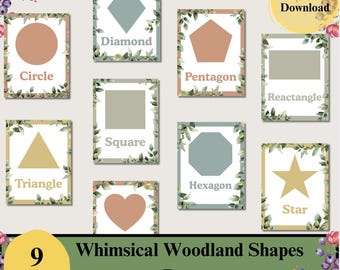 Set of 9 Whimsical Woodland Shape Posters for Classroom, Botanical Themed Watercolor Playroom Art, Digital Download Posters