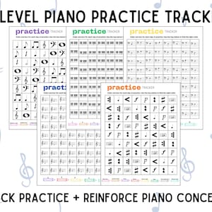 Puede incluir: Un conjunto de cinco hojas de seguimiento de práctica de piano de 5 niveles con notación musical, teclas de piano y símbolos. Cada página incluye el texto 'practice TRACKER' y cuadrículas para seguir el progreso, con claves de color al pie.