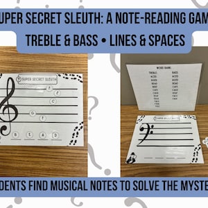 May include: A Super Secret Sleuth note-reading game featuring a treble clef staff with lettered circles and a bass clef staff. The set includes a word bank card with musical terms and small circular tokens, all decorated with detective-themed graphics.