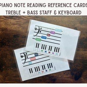 Pode incluir: Dois cartões de referência plastificados para leitura de notas de piano com o texto PIANO NOTE READING REFERENCE CARDS TREBLE + BASS STAFF & KEYBOARD. Os cartões exibem pautas musicais com etiquetas coloridas e teclas de piano.