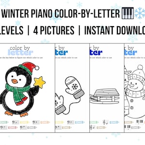 以下が含まれることがあります： 冬をテーマにした、文字で色分けする印刷可能なアクティビティ。画像には、ペンギン、ミトン、そり、雪だるまが描かれています。テキストには「Winter Piano Color-By-Letter、3つのレベル、4つの画像、即時ダウンロード」と書かれています。