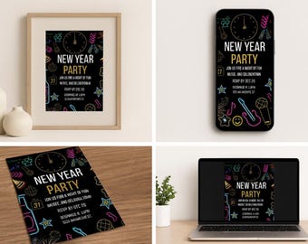 Invitación para fiesta de fin de año / Invitación con luces de neón / Descarga digital instantánea /