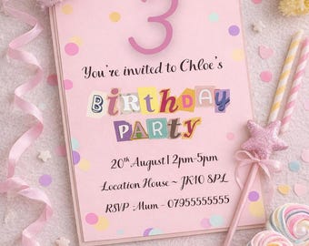 Invitación de tercer cumpleaños con confeti arcoíris / Invitación editable para fiesta infantil (descarga digital)