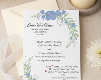 Plantilla imprimible para guardar la fecha / Invitación de boda editable / Diseño floral con vegetación azul / Descarga instantánea