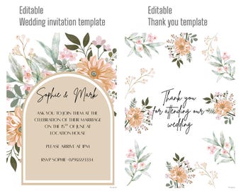 Plantilla editable de invitación de boda floral y tarjeta de agradecimiento (descarga digital)