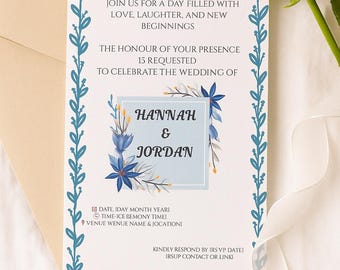 Invitación de boda azul y blanca / Diseño floral minimalista / Plantilla editable / Invitación de descarga instantánea