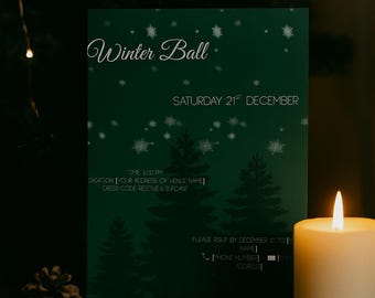 Invitación de bola de invierno verde: árbol de Navidad y nieve (plantilla editable, descarga digital)