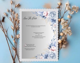 Invitación de boda con diseño floral azul ruborizado / Plantilla editable de Canva / Descarga instantánea