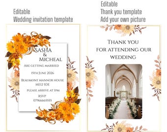 Plantilla editable para invitación de boda y tarjeta de agradecimiento / Set floral para bodas / Descarga instantánea
