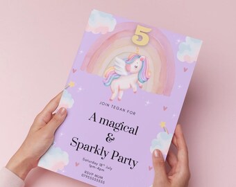 Invitación editable para fiesta de unicornio / Unicornio arcoíris / Invitación de cumpleaños para niñas / Descarga instantánea