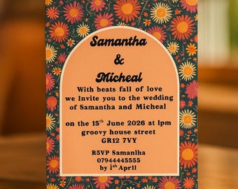 Invitación de boda floral retro / Tema moderno y editable de los años 70 / Descarga digital