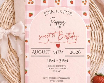 Invitación de primer cumpleaños de fresa / Invitación de primer cumpleaños dulce de bayas / Cumpleaños de niña rosa / Descarga digital