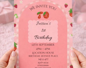 Invitación de primer cumpleaños de fresa / Invitación de primer cumpleaños dulce de bayas / Cumpleaños de niña rosa / Descarga digital