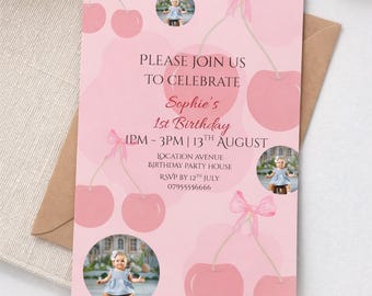 Invitación de primer cumpleaños de cereza, invitación de primer cumpleaños de niña rosa, dulce primer cumpleaños, plantilla editable