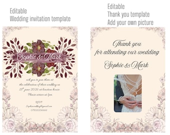 Plantilla editable de invitación de boda floral y tarjeta de agradecimiento (descarga digital)