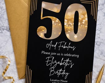 Invitación para 50.º cumpleaños, elegante plantilla art déco en negro y dorado (descarga digital)