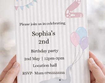 Invitación de segundo cumpleaños de elefante / Invitación pastel (Descarga digital, Plantilla Canva)