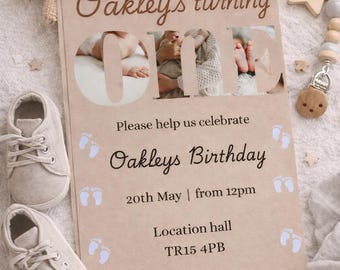 Plantilla de invitación para primer cumpleaños con foto recortada / Editable en Canva (Descarga digital)