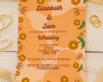 Invitación de boda de los 70 con estilo floral retro imprimible y descarga digital editable