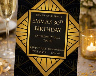 Invitación Art Déco para 30 cumpleaños, plantilla para fiesta Gatsby en negro y dorado (descarga digital)