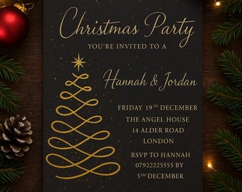 Invitación para fiesta navideña / Plantilla navideña dorada y negra (Descarga digital)