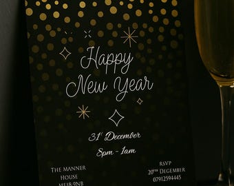 Invitación editable para la fiesta de Nochevieja / Plantilla para fiesta de Año Nuevo (Descarga digital)