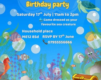 Invitación de cumpleaños submarina / Invitación a fiesta de vida marina / Cumpleaños con temática oceánica / Invitación digital imprimible