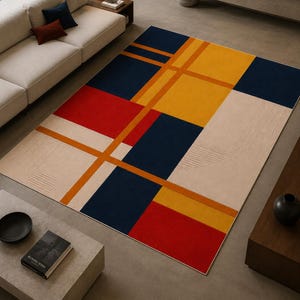 Op de afbeelding: Een rechthoekig vloerkleed met een geometrisch patroon van gedurfde kleurblokken in marineblauw, mosterdgeel en rood, doorsneden door dunne oranje lijnen. Het ontwerp bevat gestructureerde, verhoogde lijndetails op de crèmekleurige gedeelten.