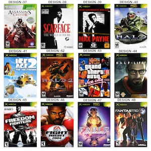 May include: A collection of twelve Xbox and Xbox 360 video game cases arranged in a grid, featuring titles such as Assassin's Creed II, Scarface, Max Payne, Halo, Ice Age 2, Grand Theft Auto Vice City, Half-Life 2, Freedom Fighters, Fight Night 2004, Fable, and Fantastic 4.