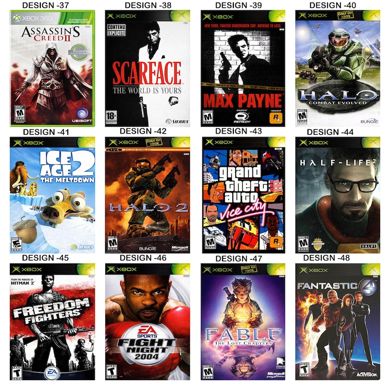 May include: A collection of twelve Xbox and Xbox 360 video game cases arranged in a grid, featuring titles such as Assassin's Creed II, Scarface, Max Payne, Halo, Ice Age 2, Grand Theft Auto Vice City, Half-Life 2, Freedom Fighters, Fight Night 2004, Fable, and Fantastic 4.