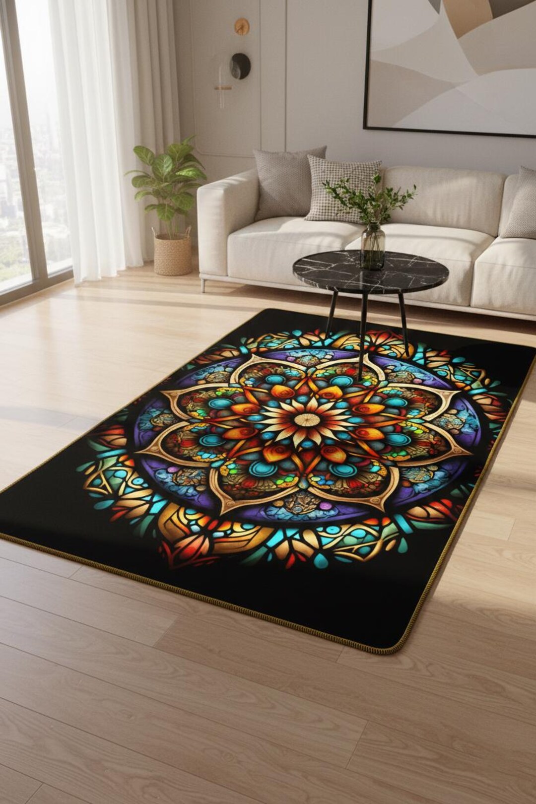 Stained Glass Rug Design Stained Glass Mandala Rug Colorful Boho Area Rug Sacred Geometry Floor ...