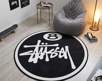 8 Ball Round Rug, Black and White Billiards Rug, Y2K Streetwear Room Decor, Retro Pool Game Room Rug, Cool Graffiti Style Circle Rug
