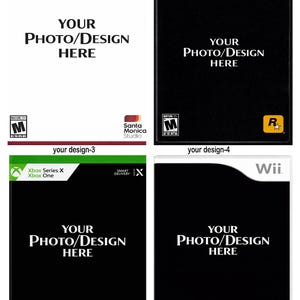 May include: A set of four customizable video game case covers featuring templates for PS4, PlayStation 2, Xbox Series X/One, and Wii. Each cover includes placeholders with the text YOUR PHOTO/DESIGN HERE and various console-specific branding logos.