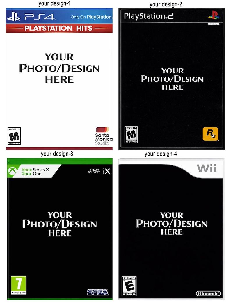 May include: A set of four customizable video game case covers featuring templates for PS4, PlayStation 2, Xbox Series X/One, and Wii. Each cover includes placeholders with the text YOUR PHOTO/DESIGN HERE and various console-specific branding logos.