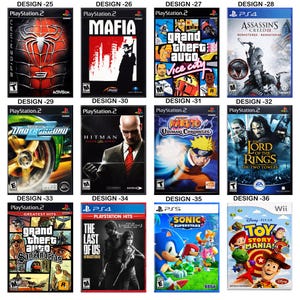 May include: A collection of twelve video game cases for PlayStation 2, PlayStation 4, PlayStation 5, and Wii consoles. The covers feature various titles including Spider-Man 3, Mafia, Grand Theft Auto, Assassin's Creed III, Need for Speed, Hitman, Naruto, Lord of the Rings, The Last of Us, Sonic Superstars, and Toy Story Mania.