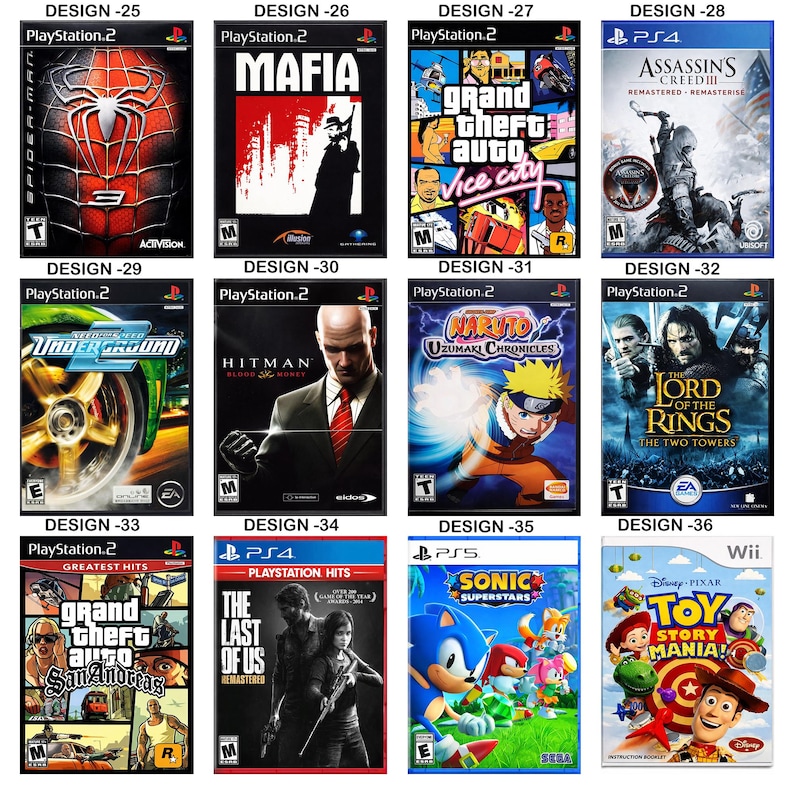 May include: A collection of twelve video game cases for PlayStation 2, PlayStation 4, PlayStation 5, and Wii consoles. The covers feature various titles including Spider-Man 3, Mafia, Grand Theft Auto, Assassin's Creed III, Need for Speed, Hitman, Naruto, Lord of the Rings, The Last of Us, Sonic Superstars, and Toy Story Mania.