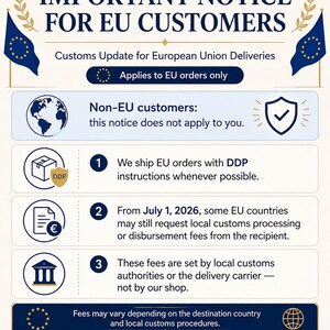 May include: An informational graphic titled IMPORTANT NOTICE FOR EU CUSTOMERS with dark blue text on a light background. It features European Union flags, icons for global shipping, customs documents, and local authorities, explaining DDP shipping.
