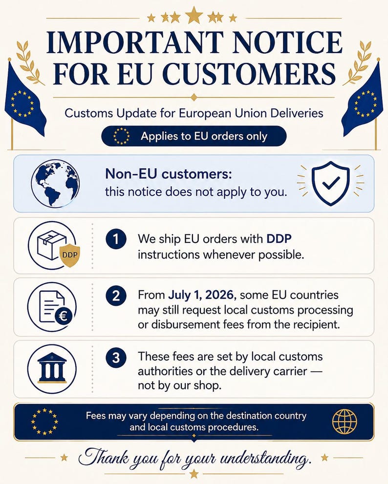 May include: An informational graphic titled IMPORTANT NOTICE FOR EU CUSTOMERS with dark blue text on a light background. It features European Union flags, icons for global shipping, customs documents, and local authorities, explaining DDP shipping.