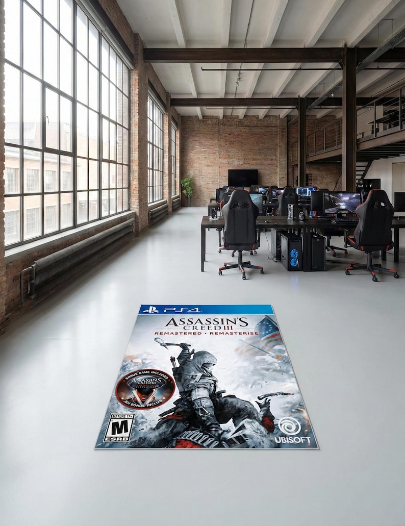 May include: A PS4 game case for Assassin's Creed III: Remastered. The cover art features a hooded figure with a bow and arrow, set against a snowy backdrop with an American flag. The game case is on a white floor in a large room.