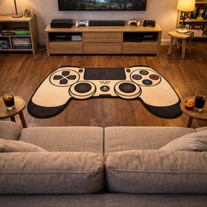Alfombra con control de PlayStation: alfombra con impresión digital con temática de gamepad retro para decorar habitaciones de gamers, salas de streaming o dormitorios de adolescentes.