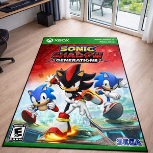 May include: A rectangular area rug featuring the Sonic X Shadow Generations video game cover art. The design displays Sonic the Hedgehog and Shadow the Hedgehog in a dynamic pose against a red and orange background, with Xbox, ESRB, and Sega logos.