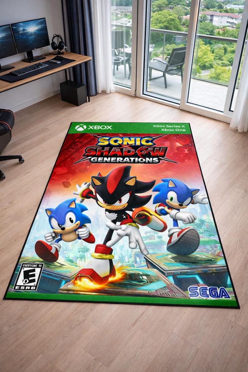 May include: A rectangular area rug featuring the Sonic X Shadow Generations video game cover art. The design displays Sonic the Hedgehog and Shadow the Hedgehog in a dynamic pose against a red and orange background, with Xbox, ESRB, and Sega logos.