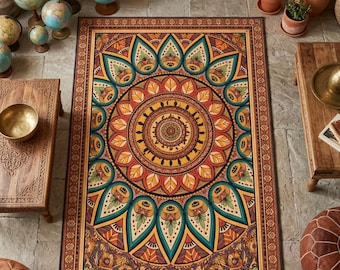 Concentric Mandala Area Rug, Bohemian Maximalist Rug for Living Room, Boho Home Decorators Decor Gift